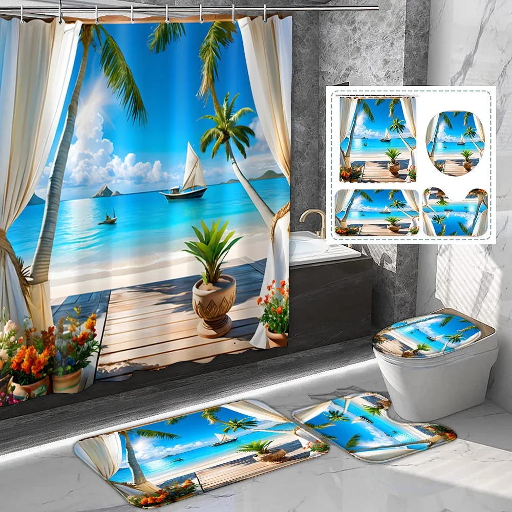 

1 set of seaside scenery printed shower curtains, dreamy ocean style, with plastic hooks and bathroom floor mat set