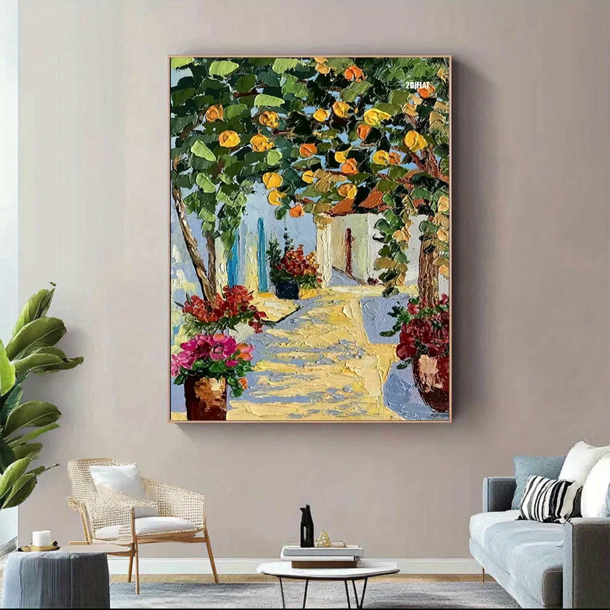 (No frame)A Hand-painted Canvas Oil Painting - A Bountiful Harvest of Fruits and Flowers on a Country Path - A Dreamy Courtya