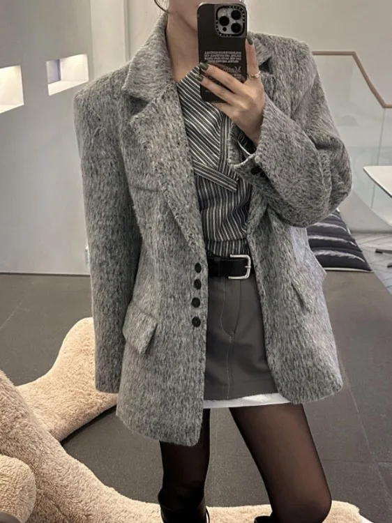 

ay Woolen Coat Women's Thiened Winter Faion Unique Small Size Beautiful Outerwear Trendy Single Button Suit Collar