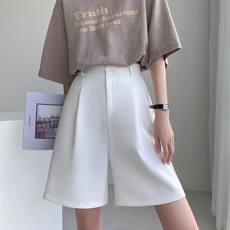 Korean-style Shorts Women Summer Button Knee-length Black Wide-leg Suit Shorts High Waist Women\'s Shorts A-Line Suit Short Pants