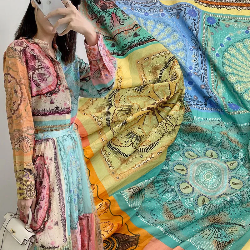 Europe And America Fashion Ethnic Style Square Printed Thin Cotton Fabric For Woman Summer Dress Blouse DIY Cloth Sewing