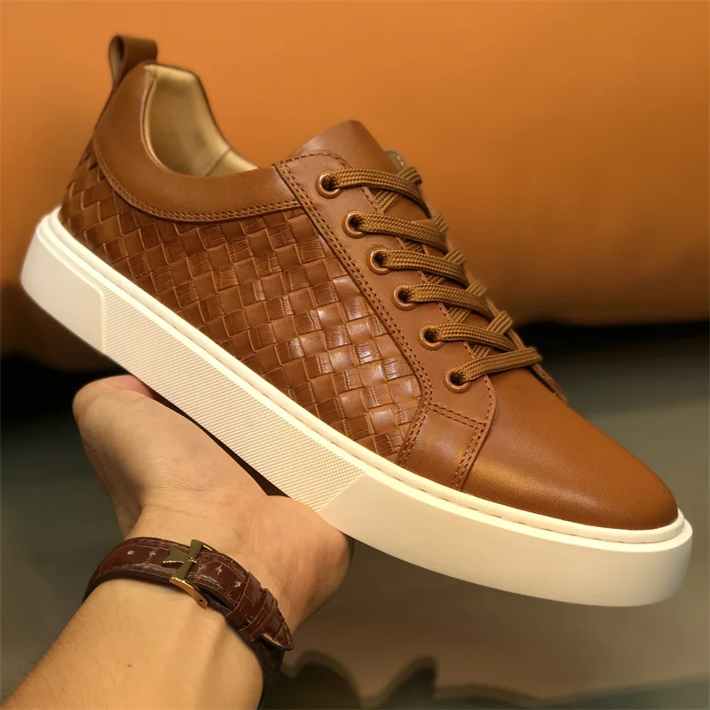 Hand-Woven Stitching Men\'s Shoes Genuine Leather Lace-Up Trendy Sneakers Men\'s Casual and Comfortable Color-Blocked Shoes