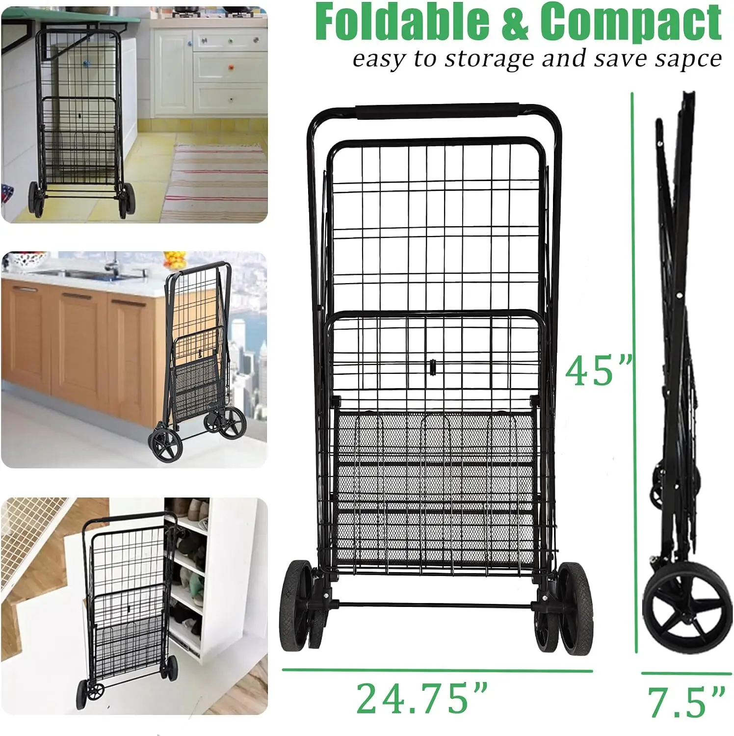 Heavy Duty Folding Shopping Cart With 360 Swivel Wheels Waterproof Grocery Utility Cart Jumbo Laundry Transport Trolley With Large Capacity Storage Bag Silver Black view 5