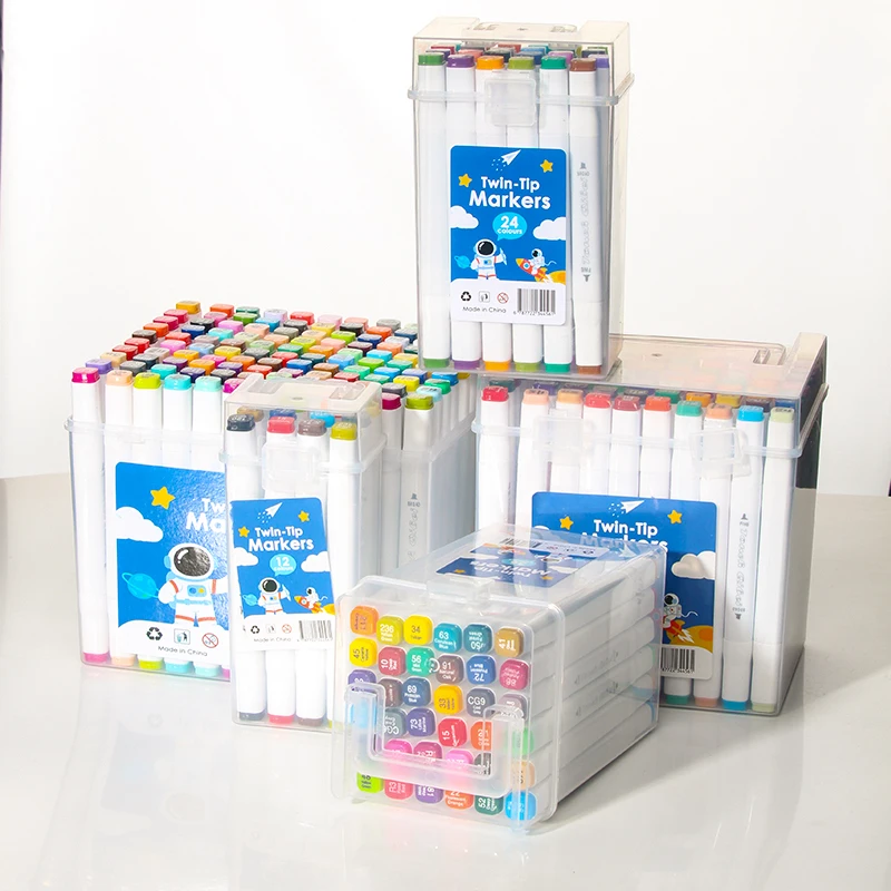 Marcadores a base de agua de doble punta de grado artístico (12/24/36/48/60/80/168 colores), suministros de arte y graffiti para estudiantes con caja de plástico portátil