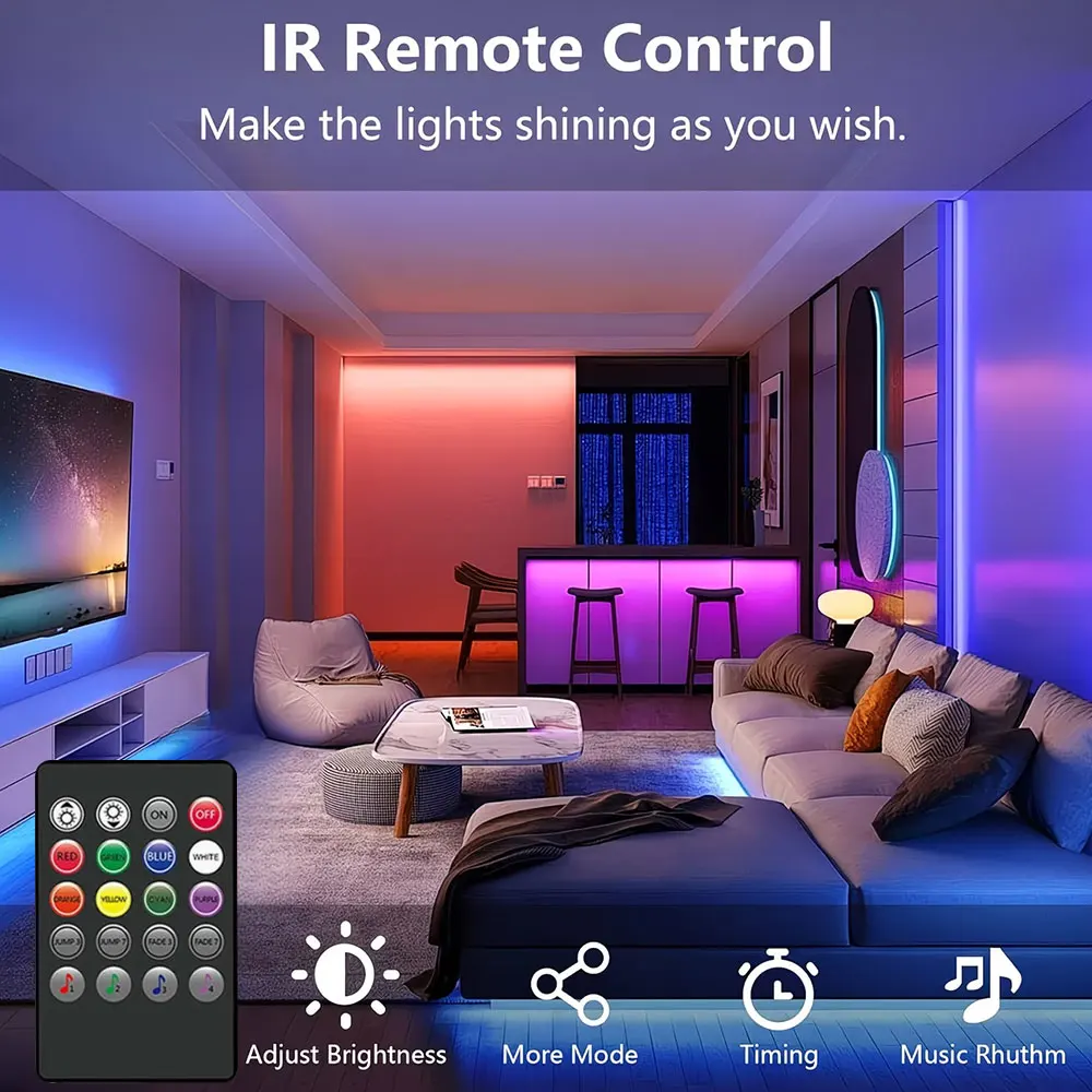 RGB Multi-Color Neon Strip Light with 20-Key Remote Dimmable for Living Room Ambient Decoration