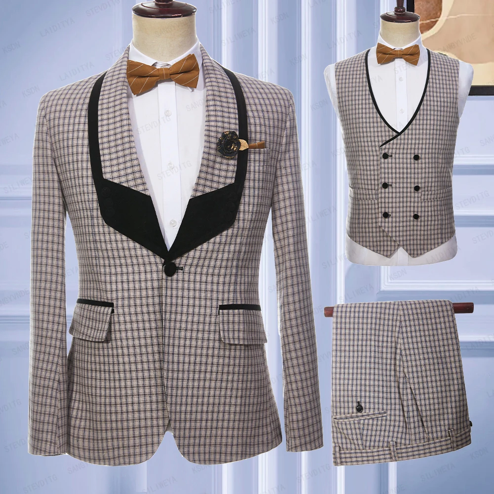 

2023 Latest Formal Fashion Men Linen Suits Khaki Reto Classic Plaid Black Lapel Groom Wedding Tuxedo 3 Pcs Set Jacket Vest Pants