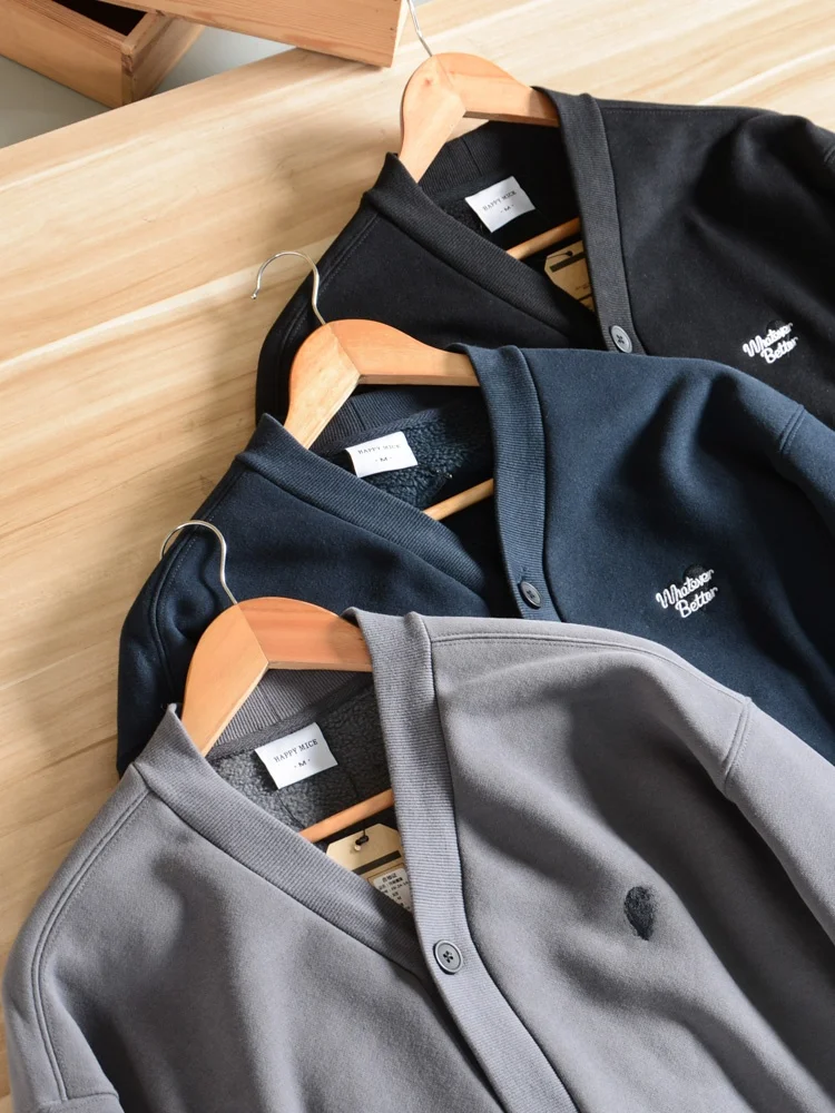Retro Japanese Style Men's Fleece Sweatshirt Jacket Button Cardigan Washed Brushed Fabric Large V-neck Island Country Order