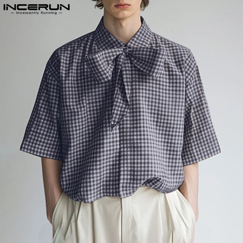 Handsome Well Fitting Tops INCERUN New Men\'s Twisted Plaid Pattern Shirts Summer Fashionable Hot Sale Short Sleeved Blouse S-5XL