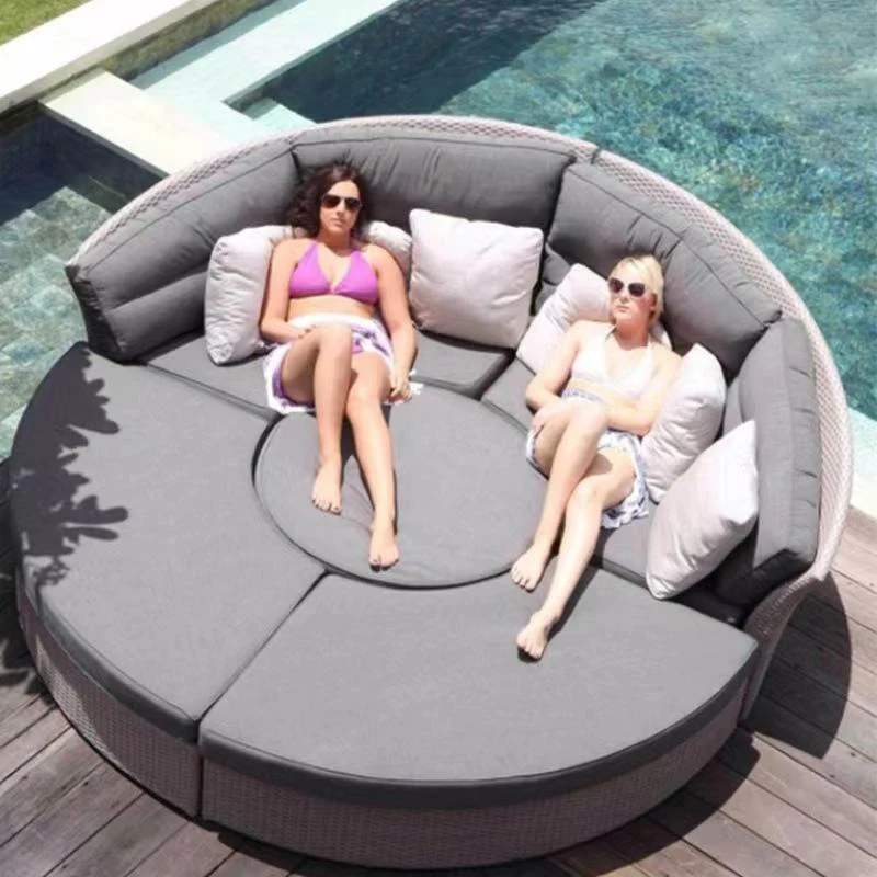 Outdoor Rattan Round Daybed Sofa Set，1.6m/1.8m Patio Wicker Furniture with Cushions & Pillows for Garden, Beach, Poolside view 3