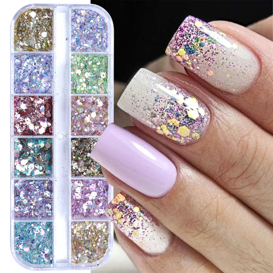 12 Grids Aurora Iridescent Mixed Hexagon Nail Glitter Sequins Holo Flakes Nail Art Powder Gel Polish Manicure Accessories