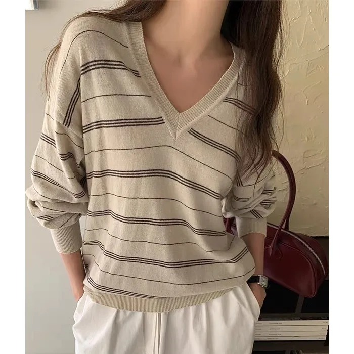 Maglione lungo a righe Sve lavorato a maglia chic V-Ne per donna T-shirt vintage Lazy Sle Fre Age-Defng Top casual Faion