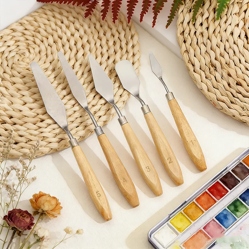 5Pcs Wooden Handle Painting Palette Knives Set Stainless Steel Art Spatulas for Acrylic Oil Paint Mixing Scraping Art Supplies view 3