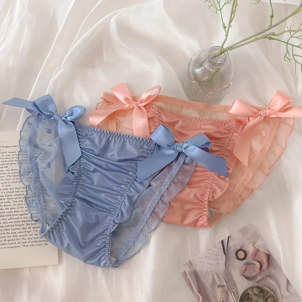 Sweet Ribbon Bow Mesh Ruffle Satin Silk Bow Briefs Transparent Low Waist Women's Lace Mesh Bowknot Panties Lingerie Elastic Girl