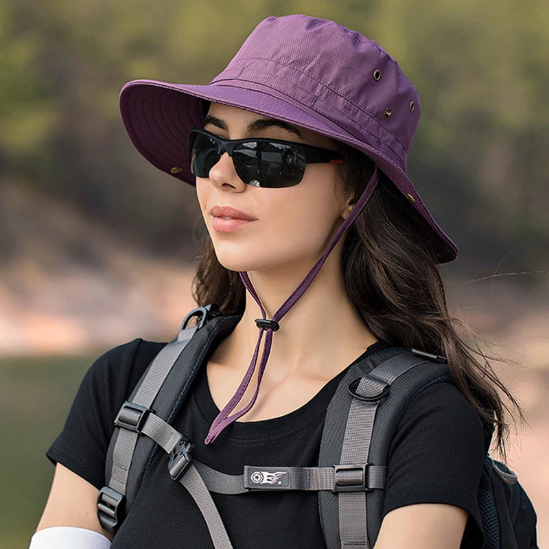 Women's Bucket Hat Foldable Solid Color Light Hiking Hat Big Brim Waterproof Outdoor Camping Fishing Cap Couple Anti-UV Sun Cap