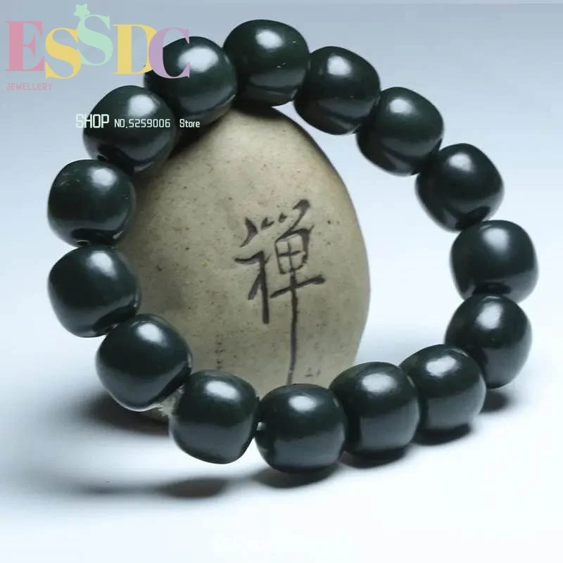 

Natural Hetian Black Green Bangle Beads Jadite Jade Jewelry Christmas Bracelet 13*14mm