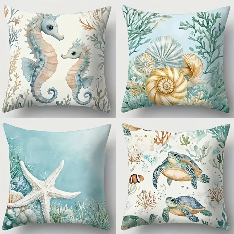 4Pcs Ocean Life Pillow Covers 45x45cm Double-sided Printed Seahorse Shell Starfish Turtle Cushion Cases Home Decor No Insert