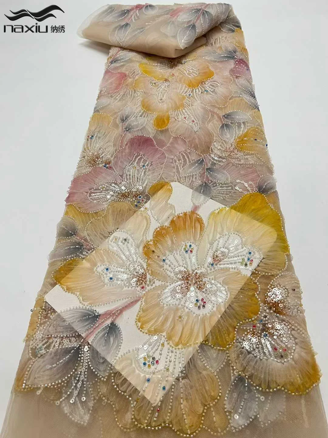 

Элитная африканская ткань Madison Luxury Beads Lace 2026, 5 ярдов, ручная работа, с бисером и пайетками, для вечерних платьев, Нигерия