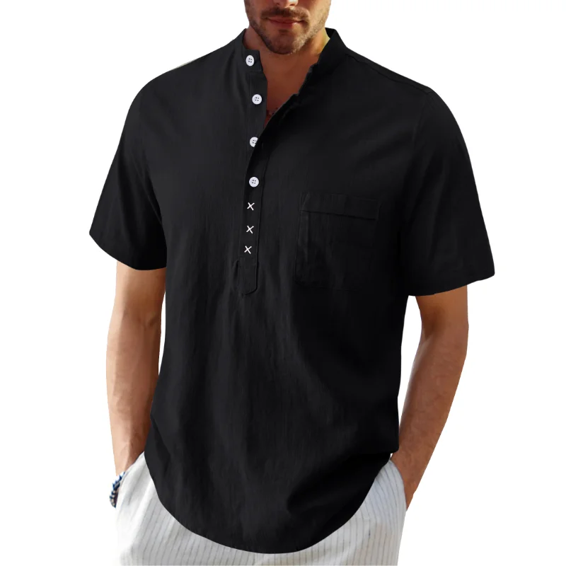 

Men's solid color pocket short sleeved button split cotton linen casual shirt