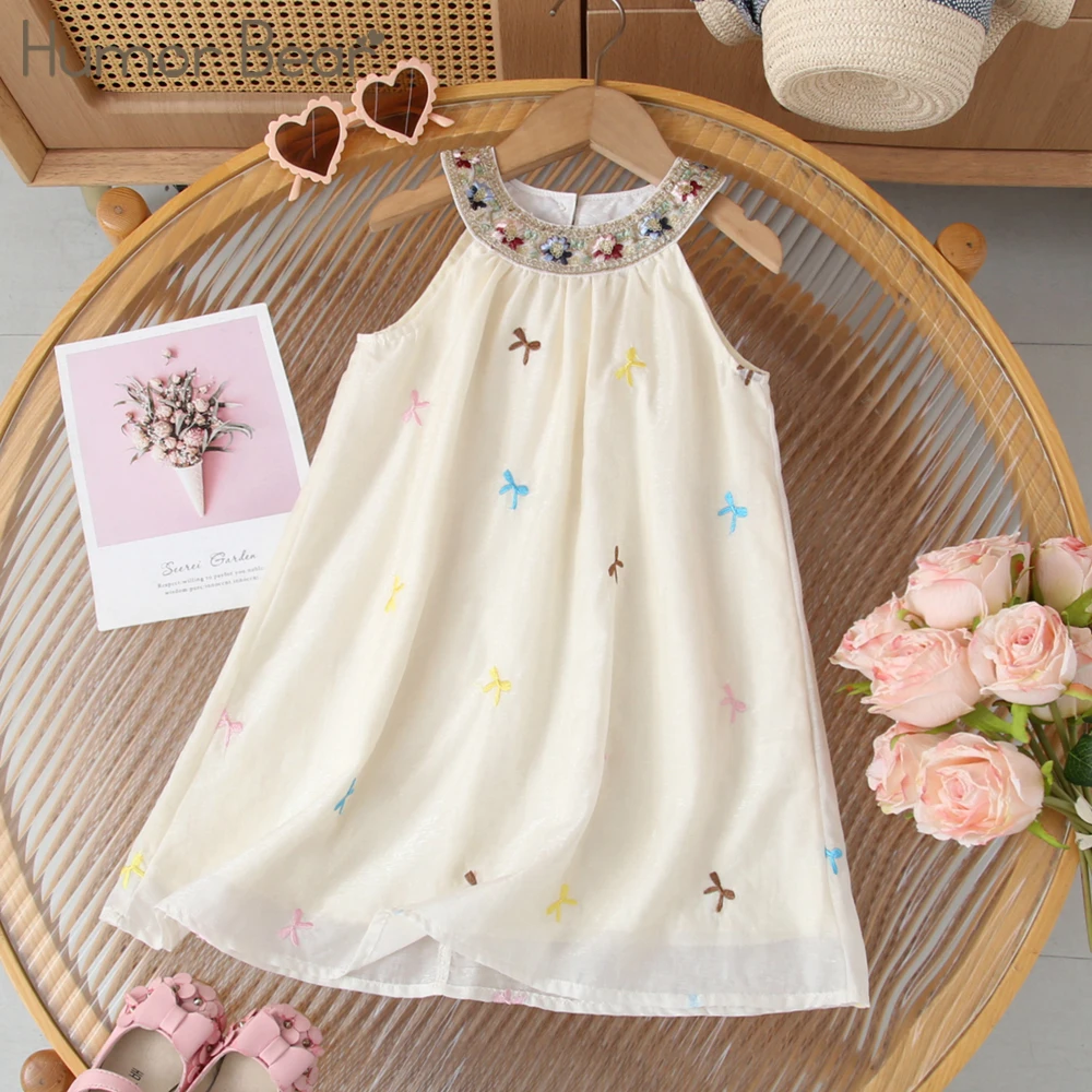 Humor Bär Sommer Mädchen Kleid Bunte Schleife bestickt Net Gaze Neckholder Mode Prinzessin Kleid Casual Kleider Für Mädchen