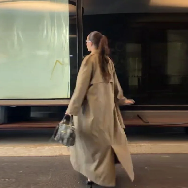Trench coat longo de grandes dimensões feminino cinto ajustável elegante casaco commuter roupas femininas 2025 novas roupas de moda feminina