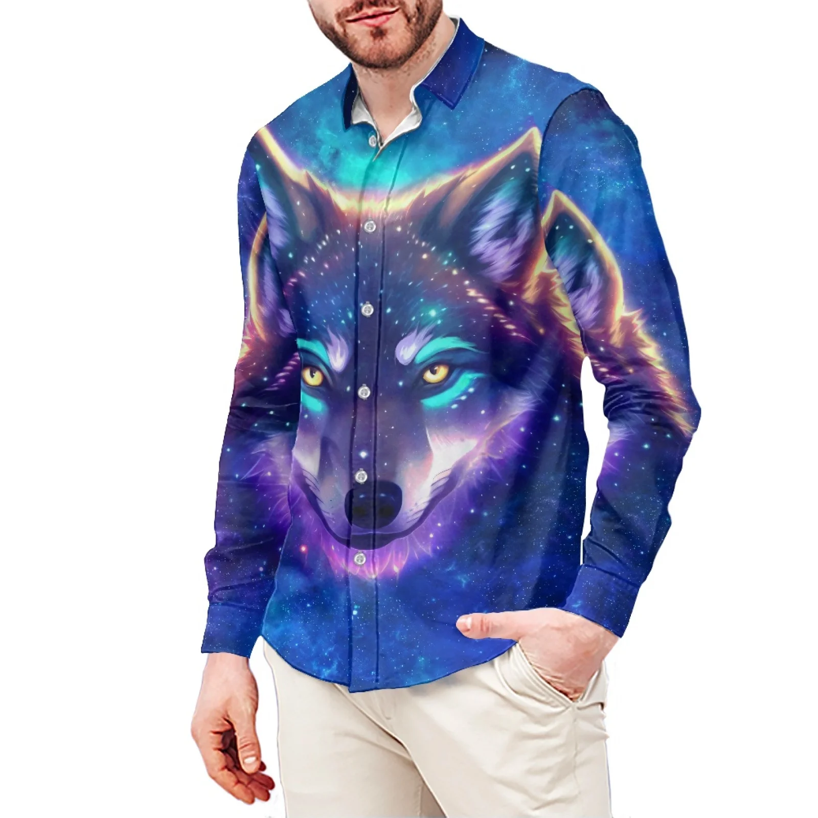 

Polynesian Style Wolf King Print Long Sleeve Button-down Shirt Ethnic Style Shirt Large Size Beach Vacation Men's Cl