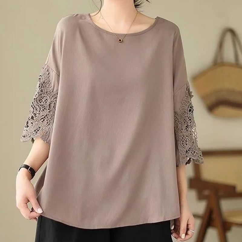 

Short Sleeve Summer Thin Korean Fashion Loose Women's Clothing Simplicity Patchwork Lace Solid Color O-neck T-Shirts Pullovers