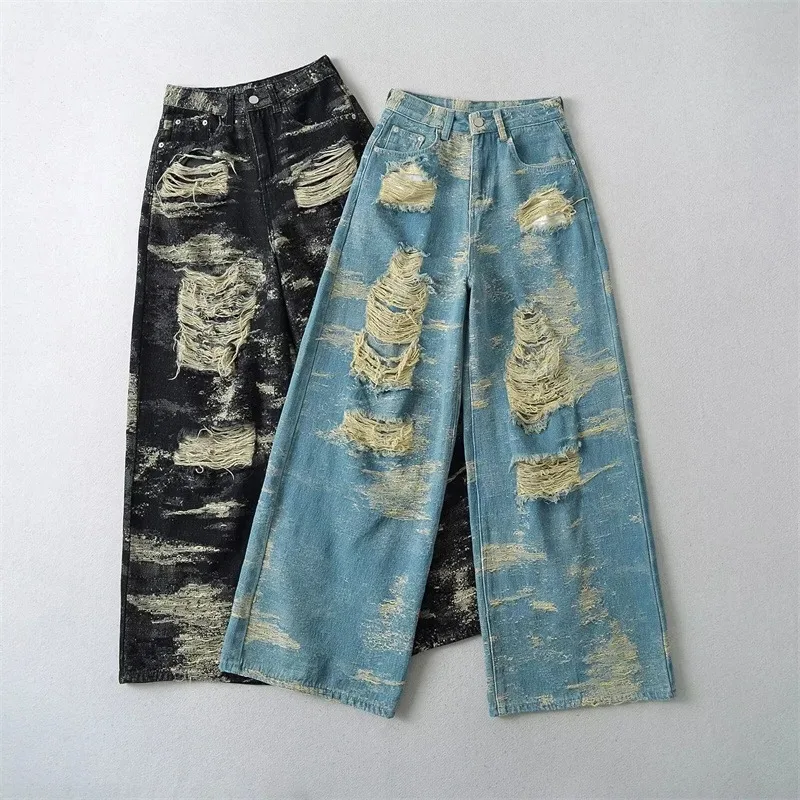 Women Y2k High Waist Jeans Sexy Broken Hole Hollow Out Street Loose Wide Leg Pants 2024 Summer Tie-Dye Casual Straight Trousers