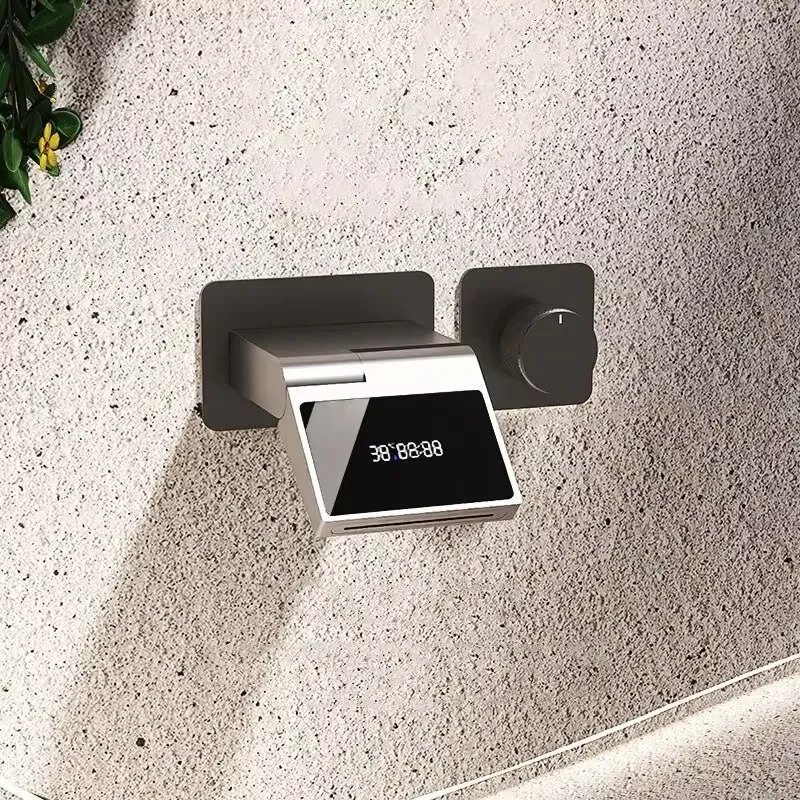 White Waterfall Water Mixer Wall Mounted Embedded Tap Digital Display Concealed Bathroom Vanity Basin Faucet