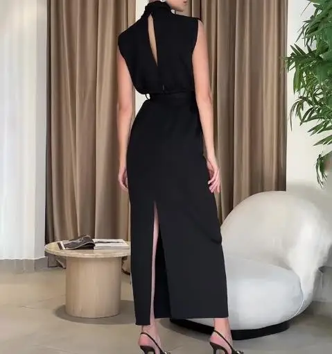 فستان عصري برقبة دائرية بدون أكمام وسحاب بقصة ضيقة للسيدات في الصيف، فستان أنيق وراقي بدون أكمام