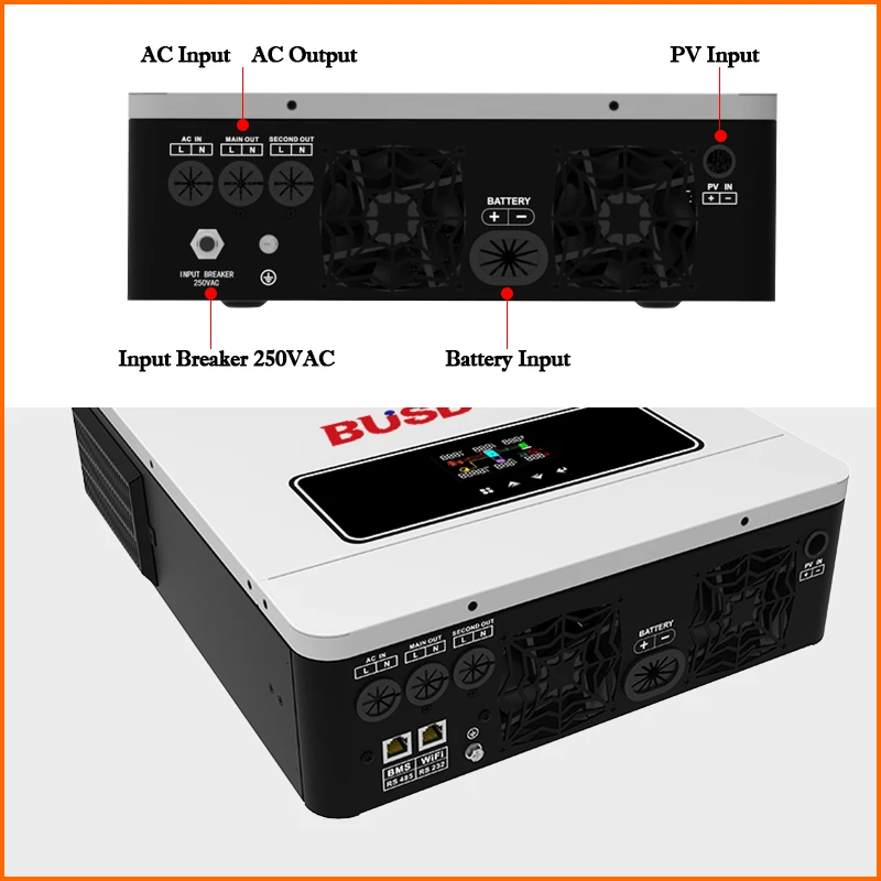 Imagem -04 - Busbyr-inversor Off-grid e On-grid Mppt 120a Saída 140a Low Start pv 60vdc Inversor de Onda Senoidal Pura 6.2kw 48v 24v a 230vac