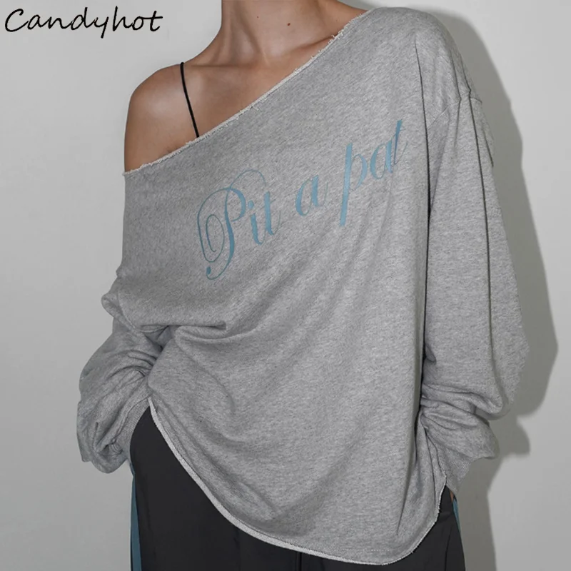 

Candyhot с буквенным принтом и длинным рукавом с косым воротником, свободная повседневная футболка нестандартной формы, модные винтажные топы, осенняя уличная толстовка