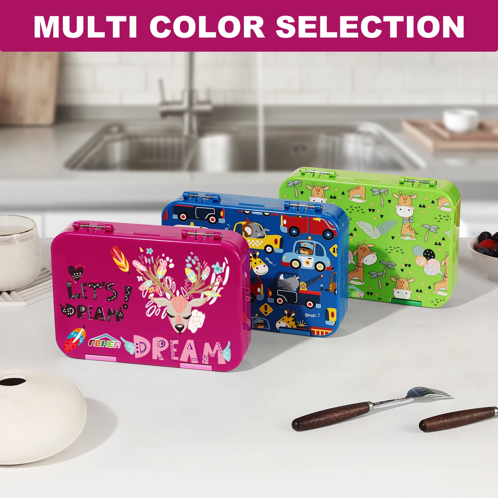 1 set five-grid leak proof meal box, cartoon pattern bento box, rose red Christmas reindeer, green giraffe, blue car bento box