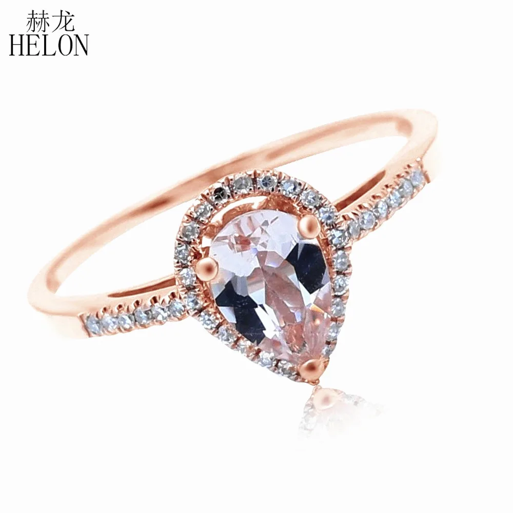 HELON 5x7mm Pear Cut Morganite Ring Solid 14K 10K Rose Gold Natural Diamonds Gemstone Fine Jewelry Engagement Wedding Ring