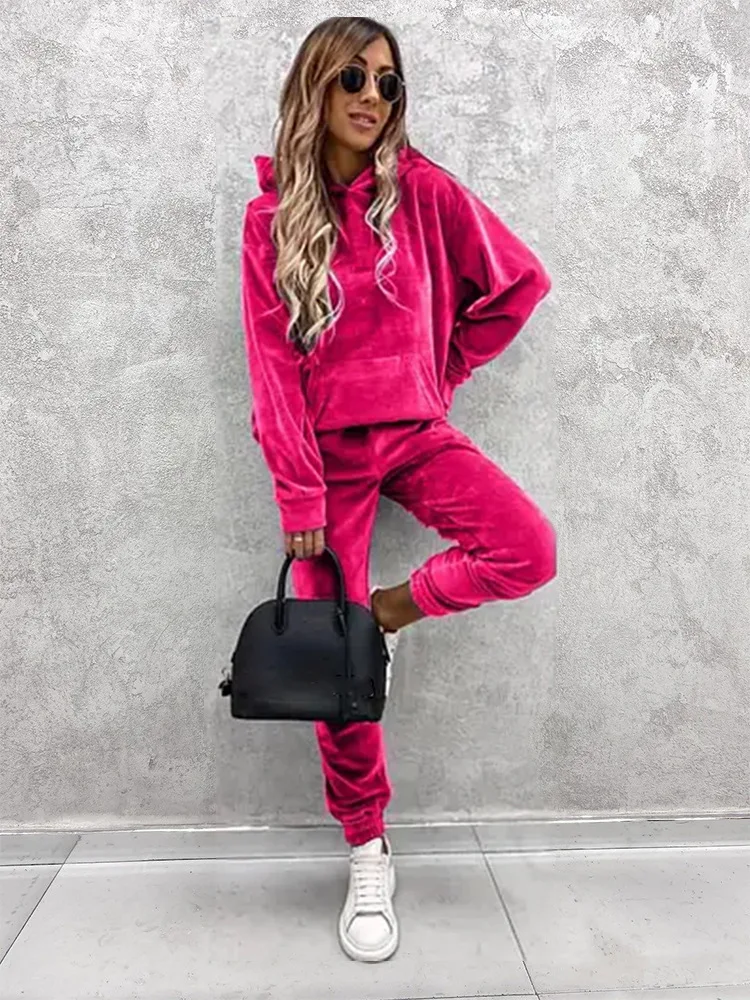 Autumn Winter Velvet Tracksuit Set Elegant Soft Pocket Pullover Top Female Loose Sweatsuit Pants Suit 2024 Two Piece Set Outfits