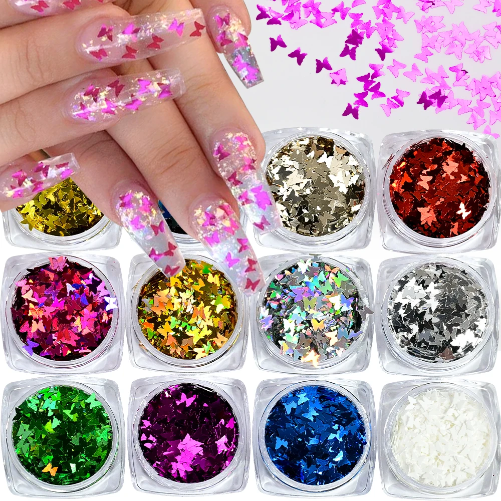 12 Pudełek/Zestaw Brokatowy Holograficzny Brokat do Paznokci z Efektem Motyla, Kolorowe Płatki, Nieregularne Kawałki