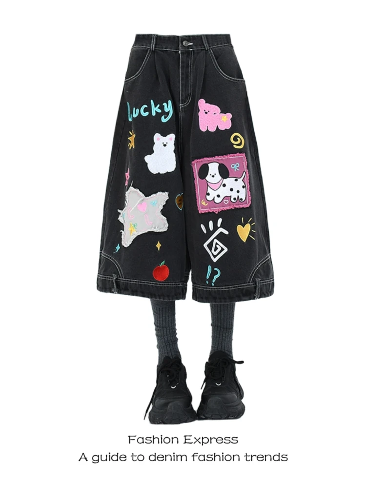 

Casual High Waist Wide Leg Jeans Women's High Street American Fun Cartoon Patch Embroidery Waed Loose Seven-Foot Pants