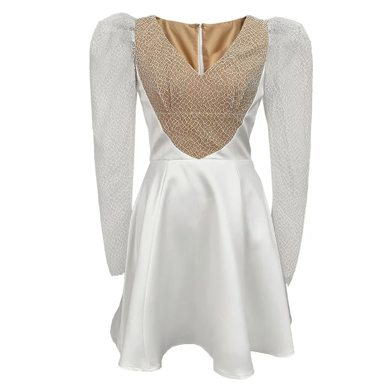 Frühling 2024 Damen Sweet Tulle Bubble Sve V-Ne Waist-Cinching Slim Satin A-Line Dr High Waist Long Sve Basic Sle