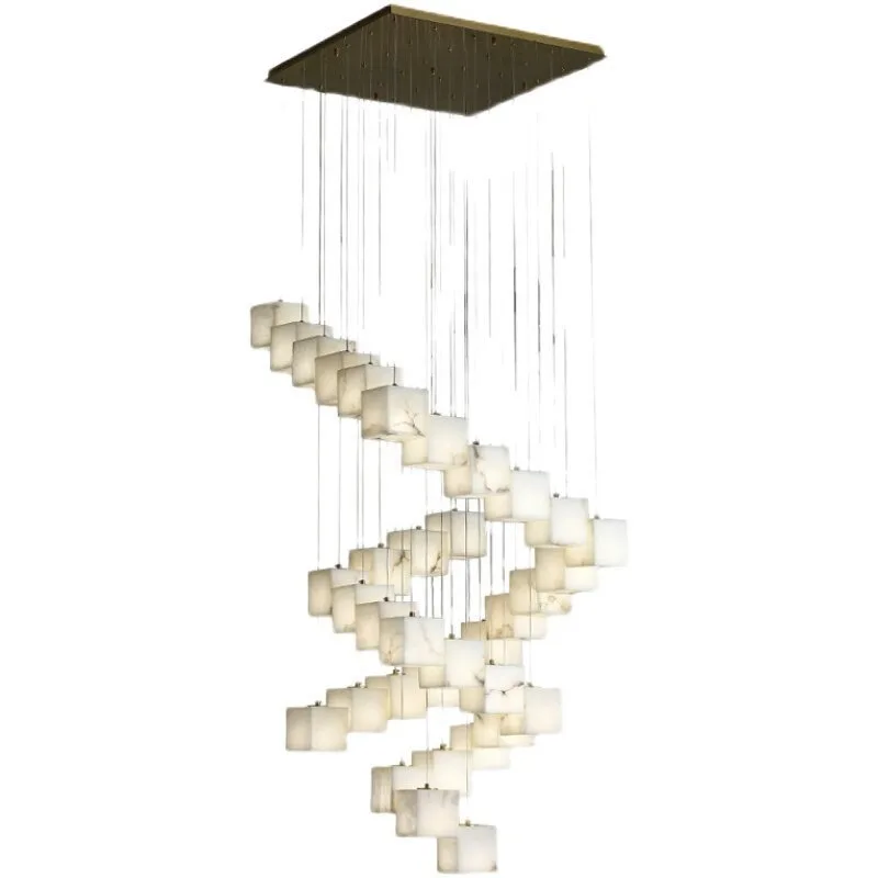 Stair long chandelier, villa rotating floor living room atmospheric chandelier, designer marble all-copper lamps