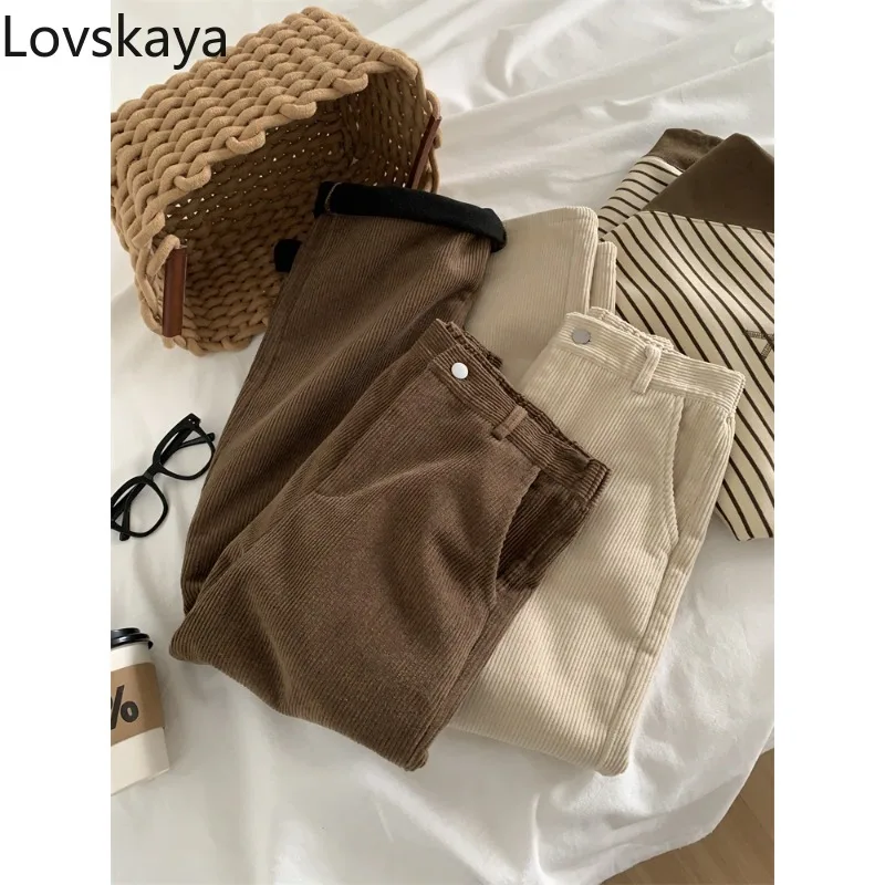 Retro elastic high waisted thick and warm small stature wide leg casual pants winter thickened corduroy straight leg pants