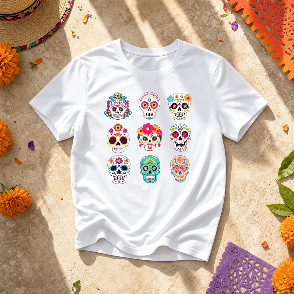 Unisex Multi Sugar Skull Short Sleeve Tee Breathable Parent-Child Mexican Day of the Dead Fiesta Celebration Summer Casual Top