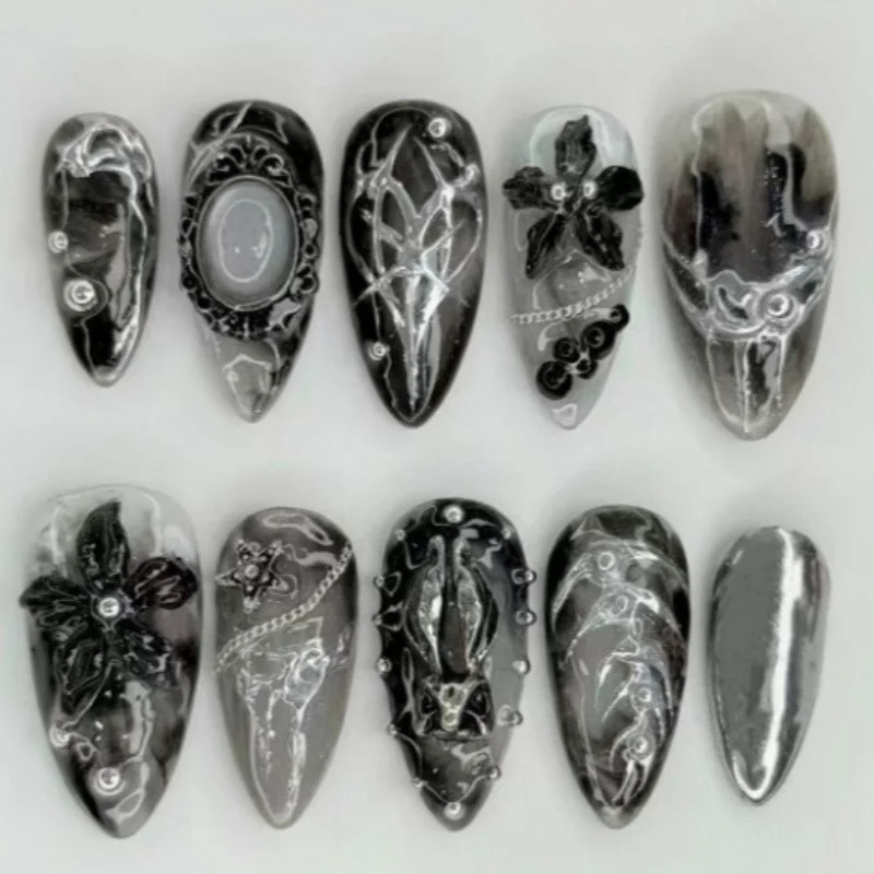 24Pcs False Nails Almond-Shaped Dark-Themed Ink Painting Design with Floral Carvings—Press-On Nails Perfect As Gifts for Girls
