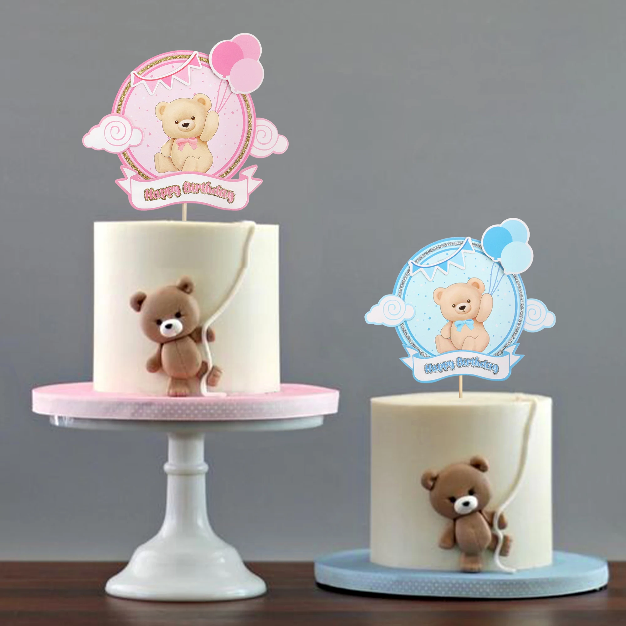 Bear Animal Cake Topper Toppers Balloon Cake Flags Kids Boys Girl Happy Birthday Party Baby Shower Baking Cake Dessert DIY Decor