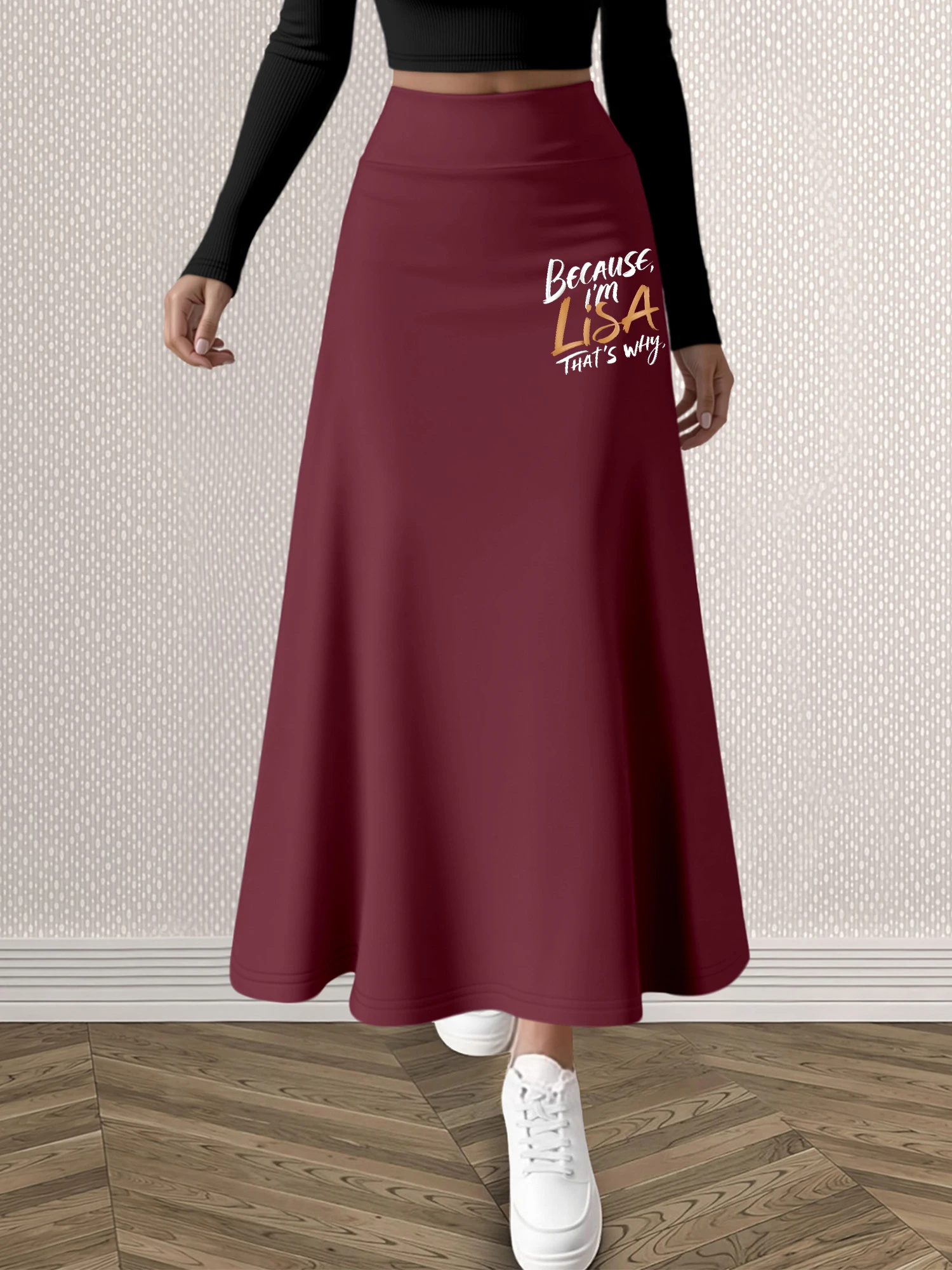 Women High Waist Flared Maxi Skirt, I'm Lisa Letter Print A-line Skirt, Soft Stretchy Casual Swing Daily Skirt