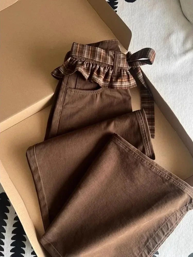 High Waist Denim Mid-length Moda Trousers Bow Lace Up Patchwork Wid Leg Pants Straight Loose All-match Trendy Sweatpants