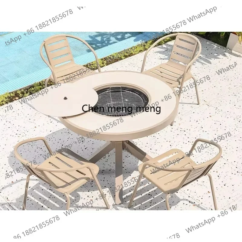 Outdoor barbecue tables and chairs Nordic, imitation wood grain, household garden electric grilling carbon grilling round table