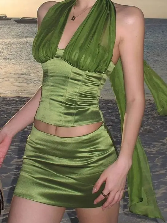 

Облегающий комплект с жилетом и юбкой, женский модный летний наряд, костюм из двух предметов, топ с подвесным дизайном, закрывающий талию