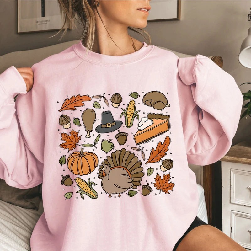 Happy Thanksgiving Sweatshirt Women Thanksgiving Doodles Pumpkin Leaves Sweater Funny Fall Season Gift Turkey Thankful Hoodies