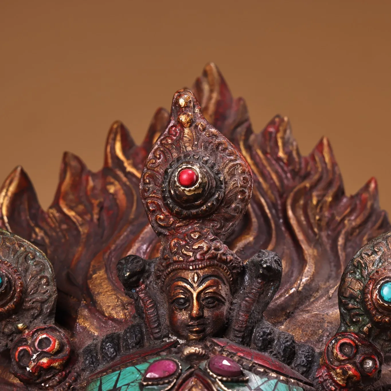 Old Xizang Folk Collection Bronze Painted Outline in gold Mosaic Gem Turquoise Mahakala Buddha Head Mask Worship Hall