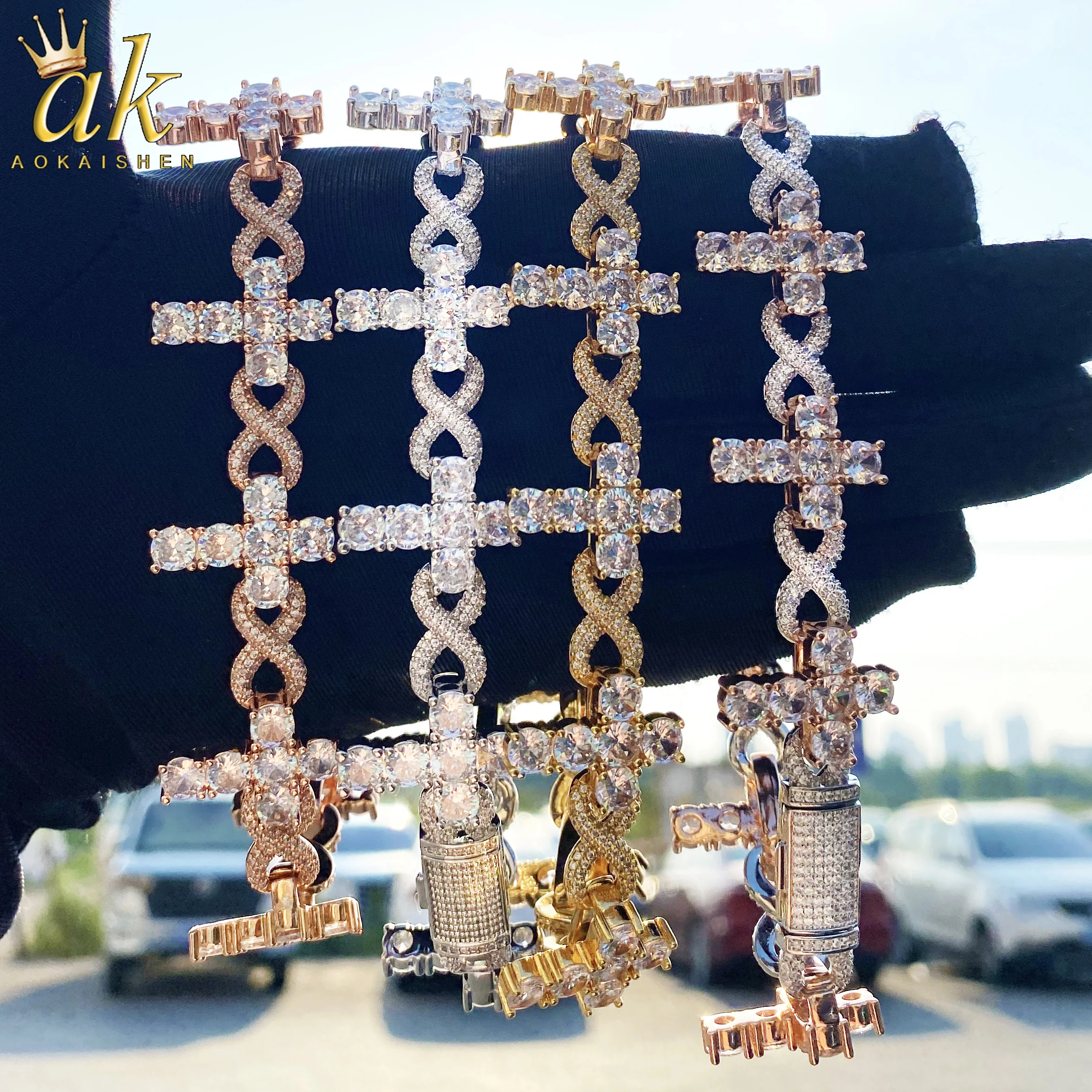 Aokaishen Iced Out Infinity Cross Bracelet Choker for Women Micro Pave Prong Setting Real Gold Plated Hip Hop Jewelry