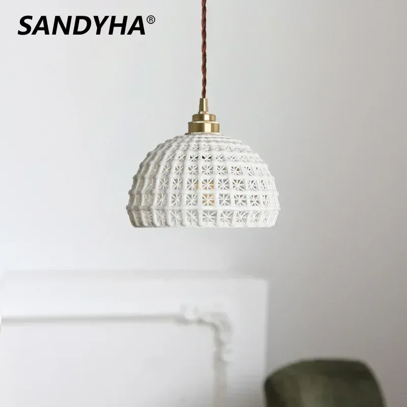 

SANDYHA Modern Chandeliers Lights Mesh Ceramic Lampshade Pendant Light LED Lamp Dining Living Room Table Lighting Bedroom Decor